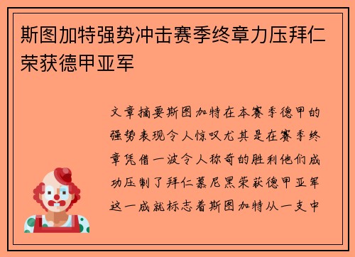 斯图加特强势冲击赛季终章力压拜仁荣获德甲亚军